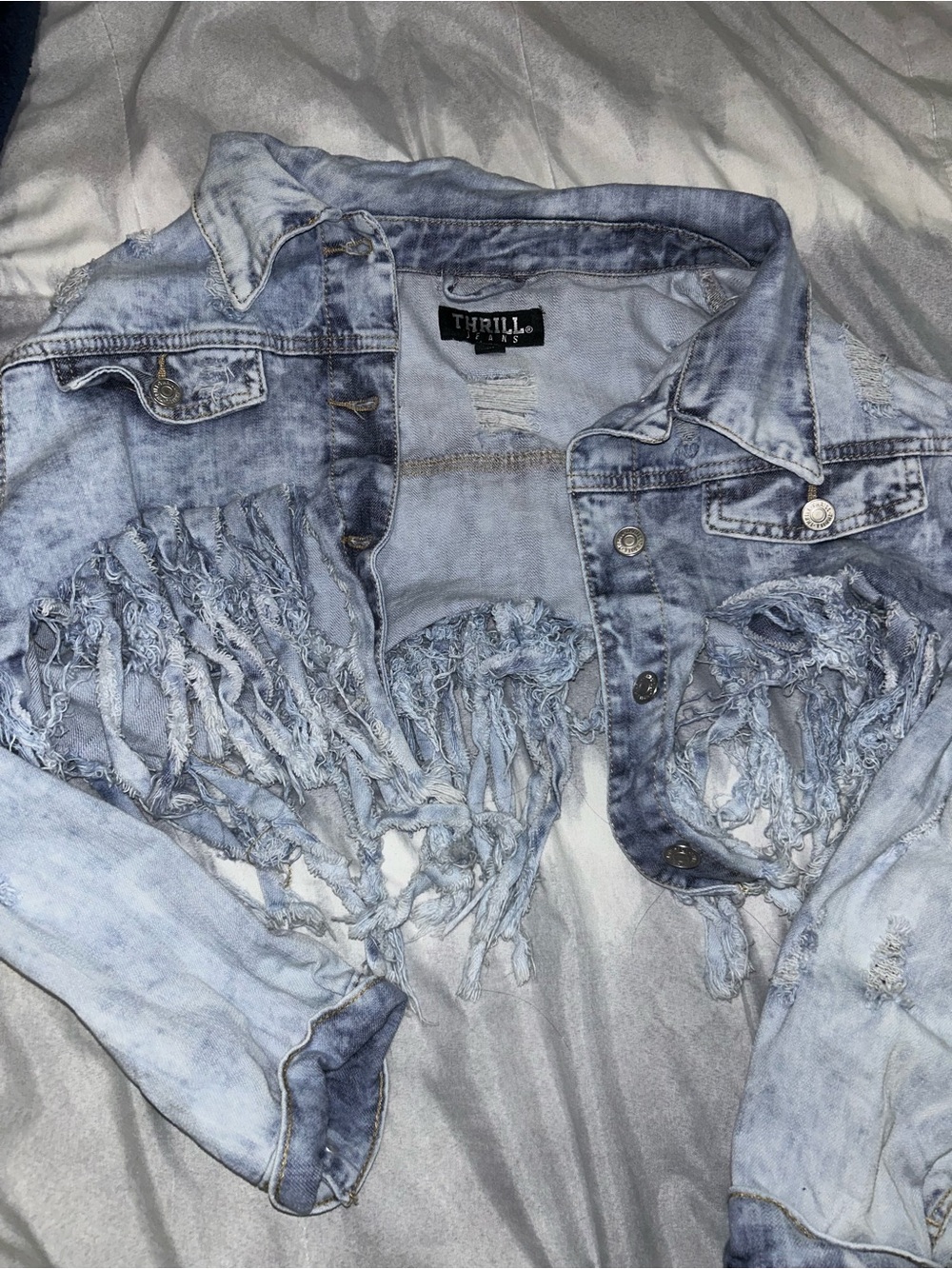 Thrill Distressed  cropped Light Blue Denim Jacket - Women